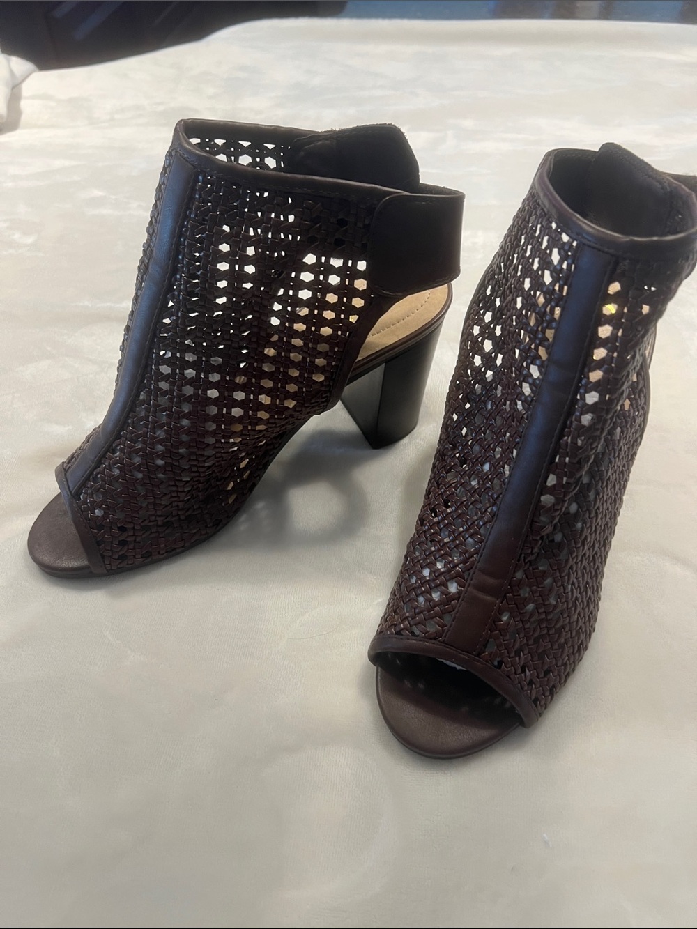 Cato Woven Peep-Toe Bootie Heels in Dark Brown